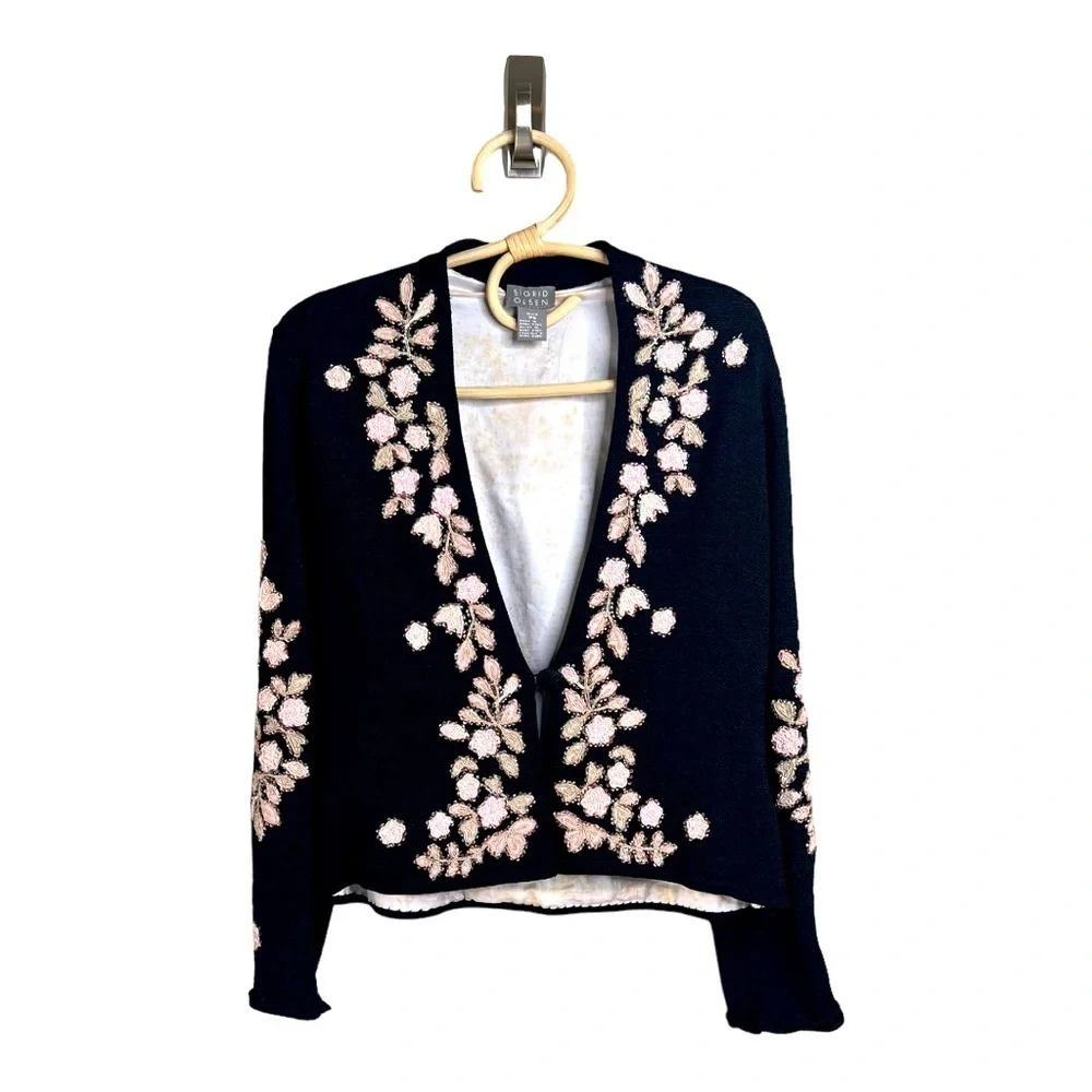 Sigrid Olsen Beaded Floral Pink Black HeavyKnit Cardigan Size SP Vintage’02 - Picture 2 of 16
